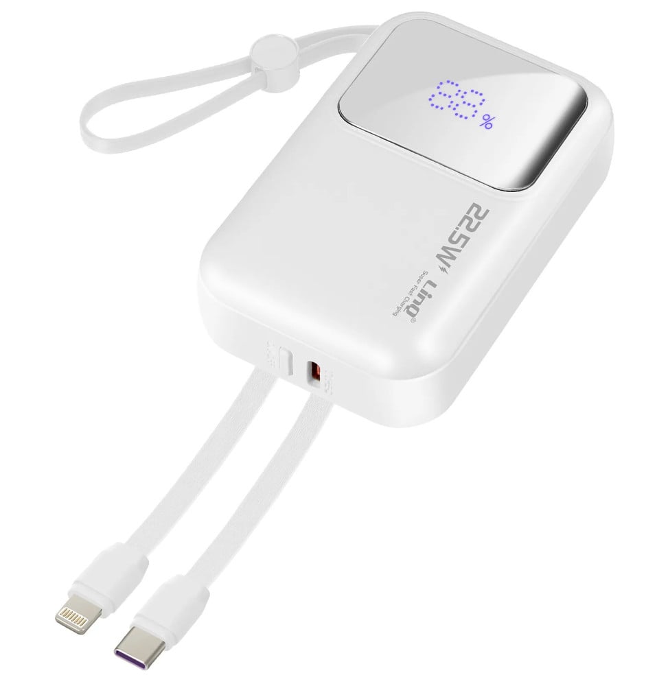 LinQ Batterie Externe 10000mAh + Câbles Lightning et USB C Compact Blanc