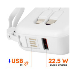 LinQ Batterie Externe 10000mAh + Câbles Lightning et USB C Compact Blanc