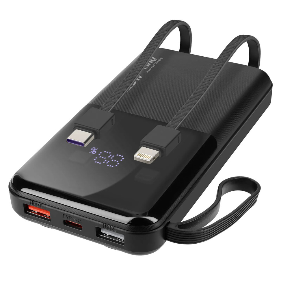 LinQ Batterie de Secours 10000 mAh avec Câbles Lightning et USB type C Noir