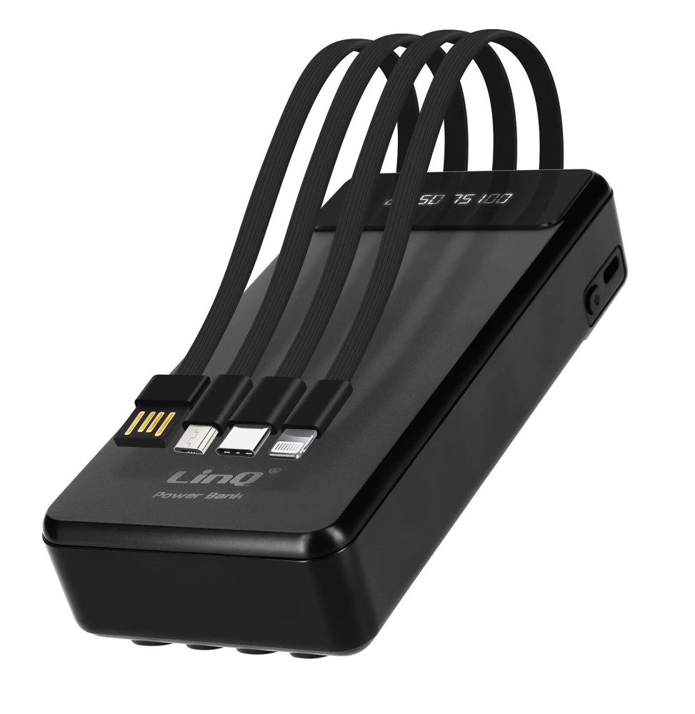 LinQ Batterie Secours 25800mAh Câble 4 en 1 Amovible et Sortie USB Compact Noir