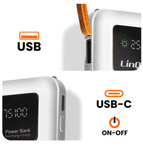 LinQ Batterie Externe Solaire 15000mAh avec Câble Micro USB Lightning USB C blanc