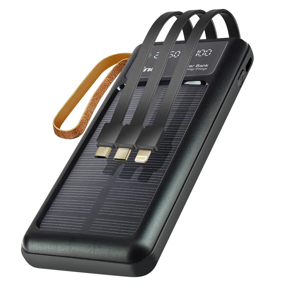 LinQ Batterie Externe Solaire 15000mAh avec Câble Micro USB Lightning USB C et USB Noir