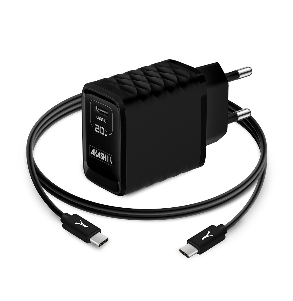 Akashi Chargeur Secteur 20W USB-A Quick Charge 3.0 Noir + Câble USB-C