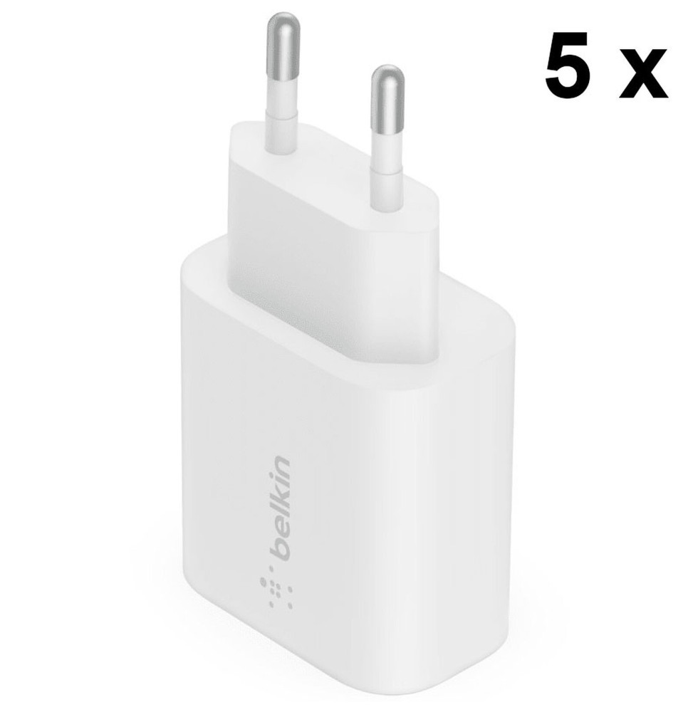 Belkin Lot de 5x Chargeurs Secteur USB-C 25 W pour iPhone (20 W) et Samsung (25 W) - Blanc