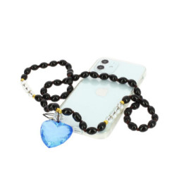 Avizar Bijou de Téléphone Bracelet à Perles Ovales et Cœur 80cm Collection Romeo Noir