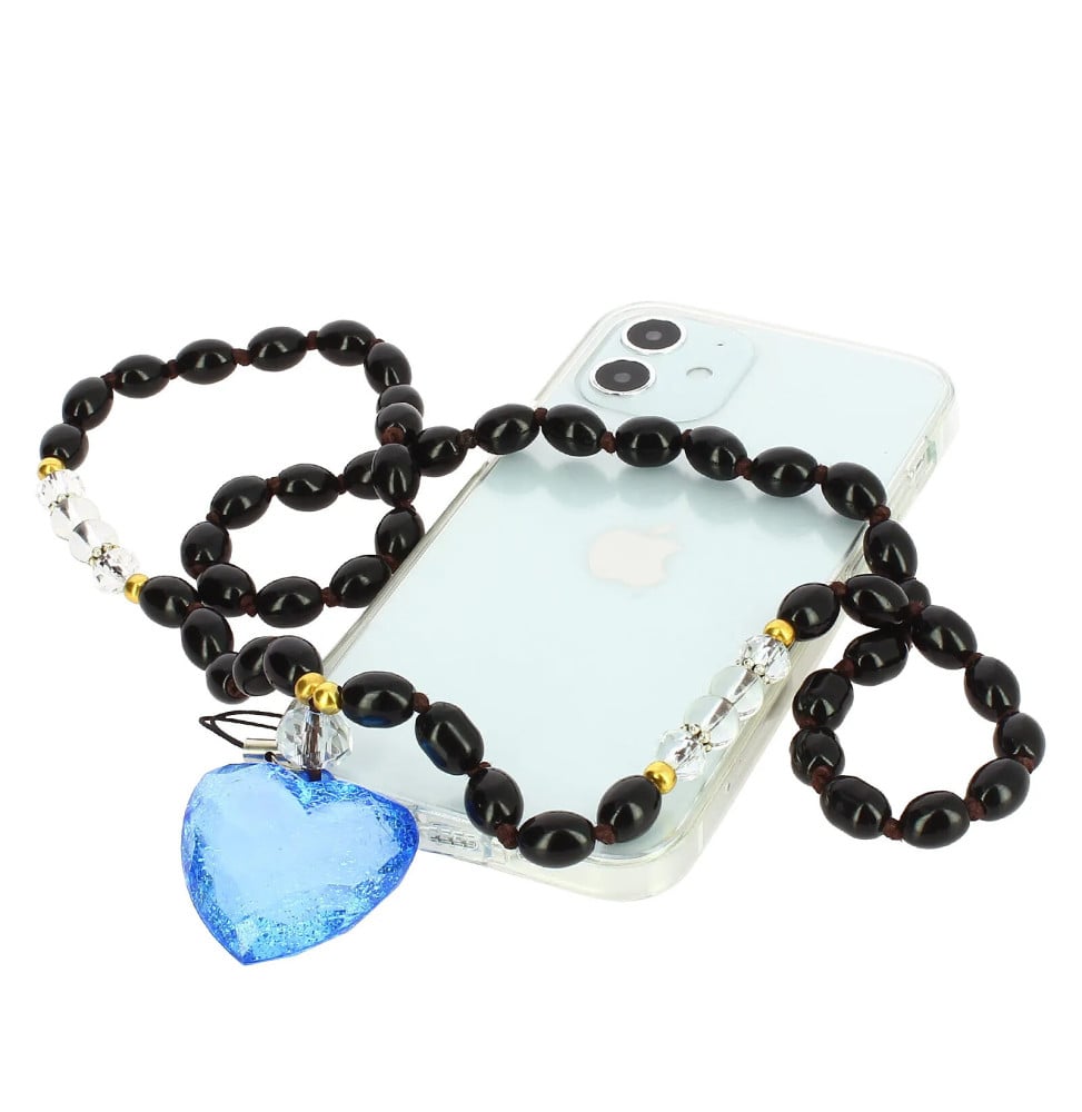 Avizar Bijou de Téléphone Bracelet à Perles Ovales et Cœur 80cm Collection Romeo Noir