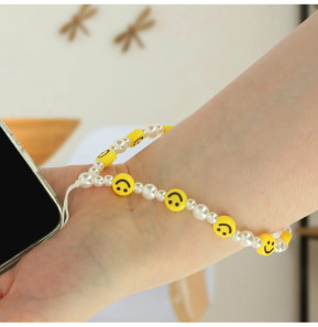 Avizar Bijou de Téléphone Bracelet à Perles, étoile et Smiley jaunes Collection Smile