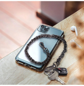 Avizar Bijou de Téléphone Chaîne Métallique Tressée Simili Cuir Noir 40cm