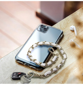 Avizar Bijou de Téléphone Chaîne Tressée Argent Simili Cuir Blanc 40cm