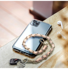 Avizar Bijou de Téléphone Chaîne Tressée Argent Simili Cuir Rose 40cm