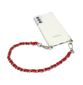 Avizar Bijou de Téléphone Chaîne Tressée Argent Simili Cuir Rouge 40cm