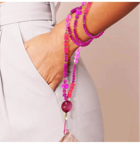 Avizar Bijou de téléphone Universel 90cm Perles de cristal et Heishi Fuchsia