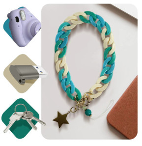 Avizar Bijou de Téléphone Universel Grosse Maille Cubaine et Étoile 35cm Turquoise / Beige