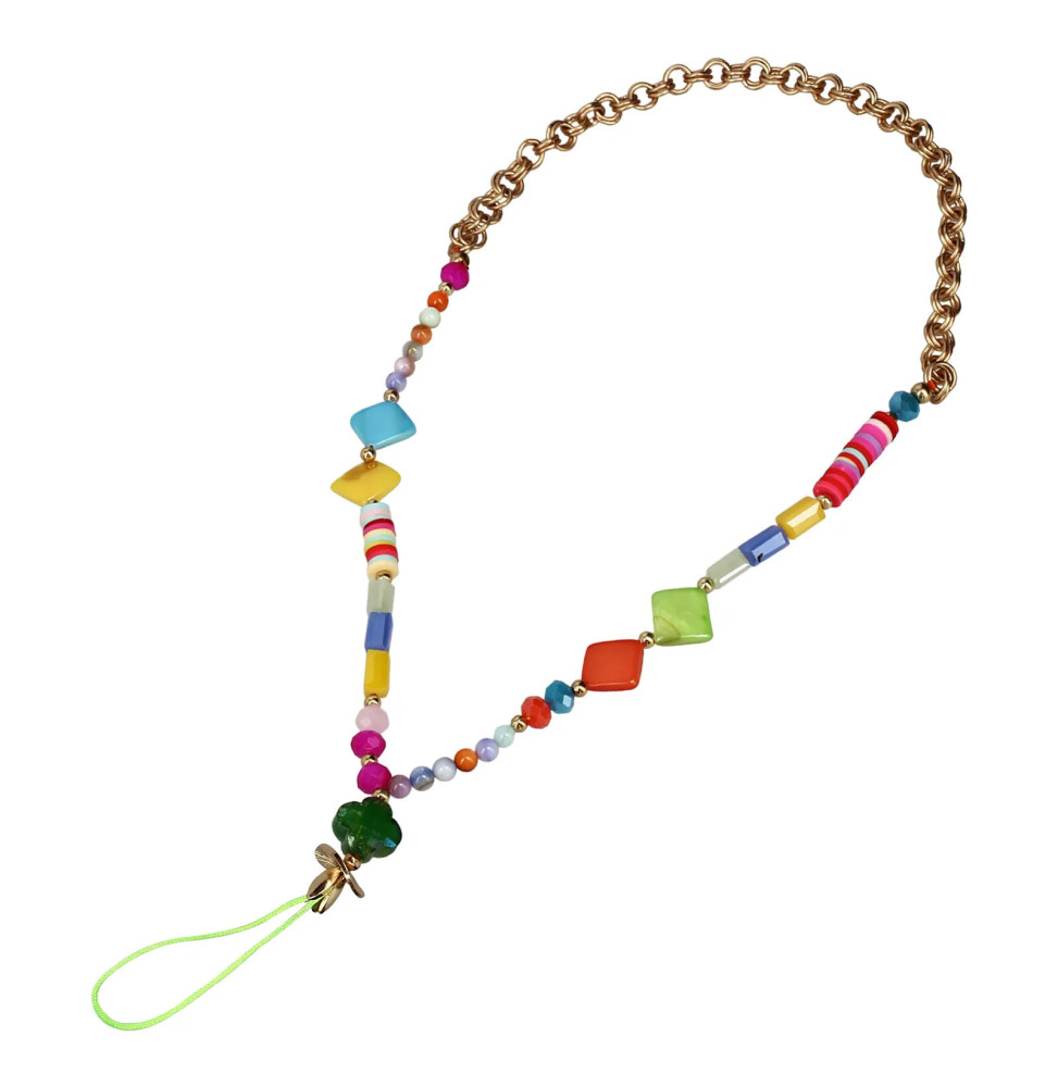 Avizar Bijou de Téléphone Universel Perles Heishi Multicolore et Chaine Doré 45cm + Dragonne