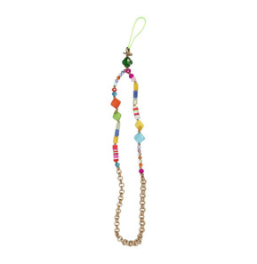 Avizar Bijou de Téléphone Universel Perles Heishi Multicolore et Chaine Doré 45cm + Dragonne