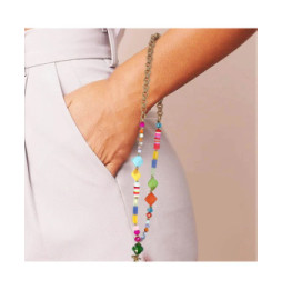 Avizar Bijou de Téléphone Universel Perles Heishi Multicolore et Chaine Doré 45cm + Dragonne