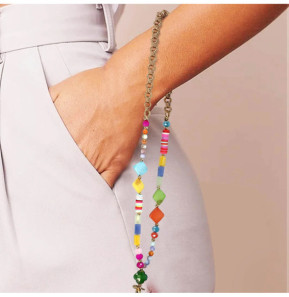 Avizar Bijou de Téléphone Universel Perles Heishi Multicolore et Chaine Doré 45cm + Dragonne