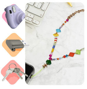 Avizar Bijou de Téléphone Universel Perles Heishi Multicolore et Chaine Doré 45cm + Dragonne
