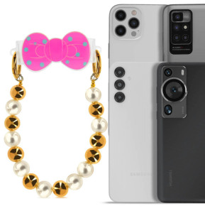 Avizar Bracelet Téléphone perle dorée et blanche Clip Design Nœud papillon