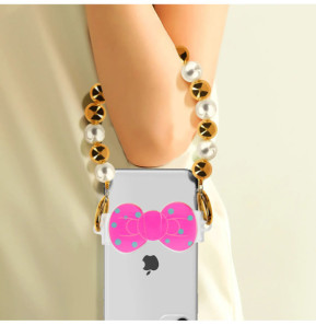 Avizar Bracelet Téléphone perle dorée et blanche Clip Design Nœud papillon