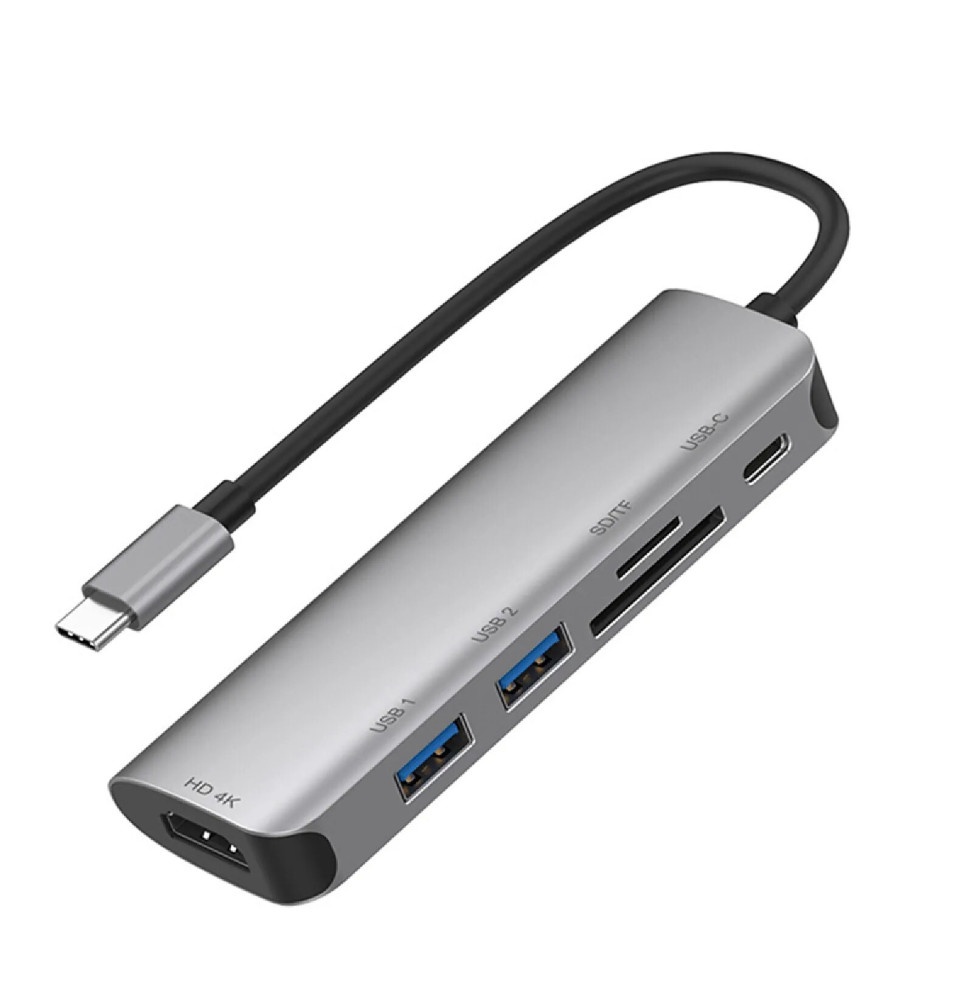 Avizar Hub 6en1 HDMI4K SD Micro-SD USB3.0 USB-C vers USB Type-C Gris