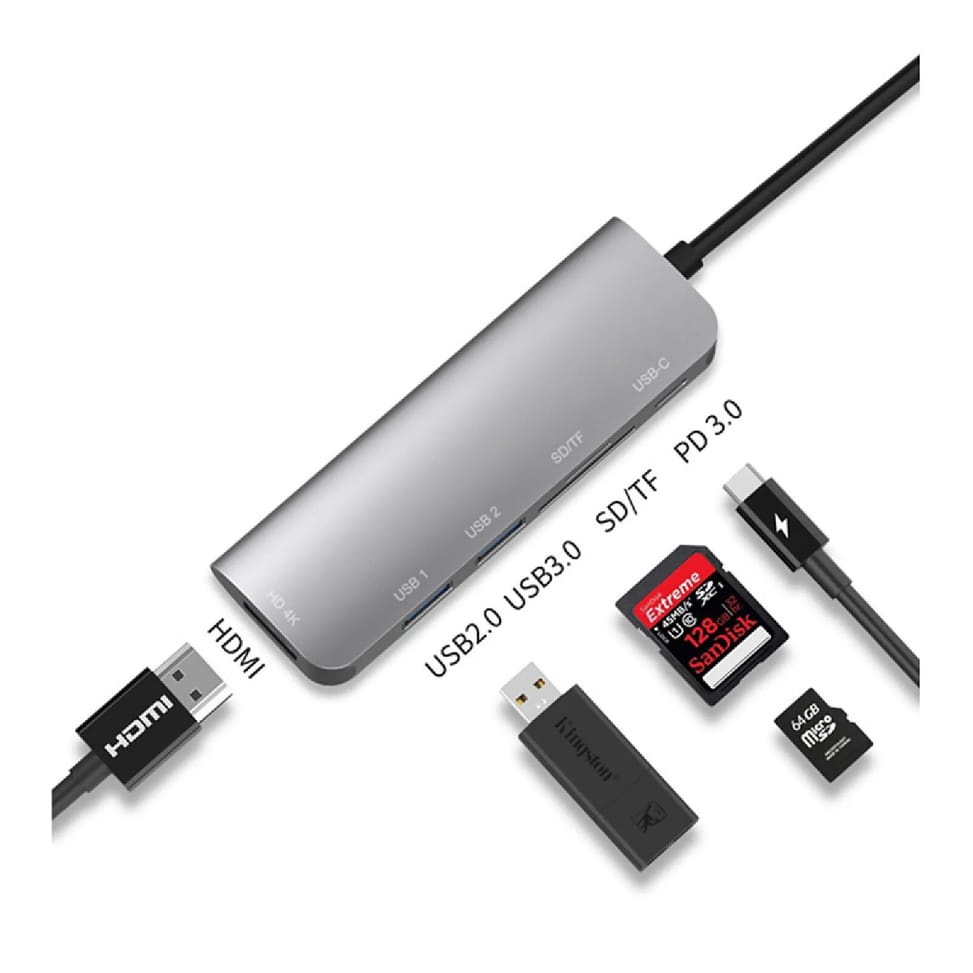 Avizar Hub 6en1 HDMI4K SD Micro-SD USB3.0 USB-C vers USB Type-C Gris — image 2