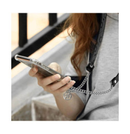 Guess Cordon Bandoulière Smartphone Longueur 150cm avec Accroche Argent et Noir
