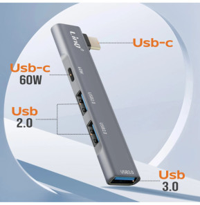 LinQ Hub 4 en 1 USB C avec Charge USB C 60W et 3 Ports USB 3.0 et 2.0 Argent