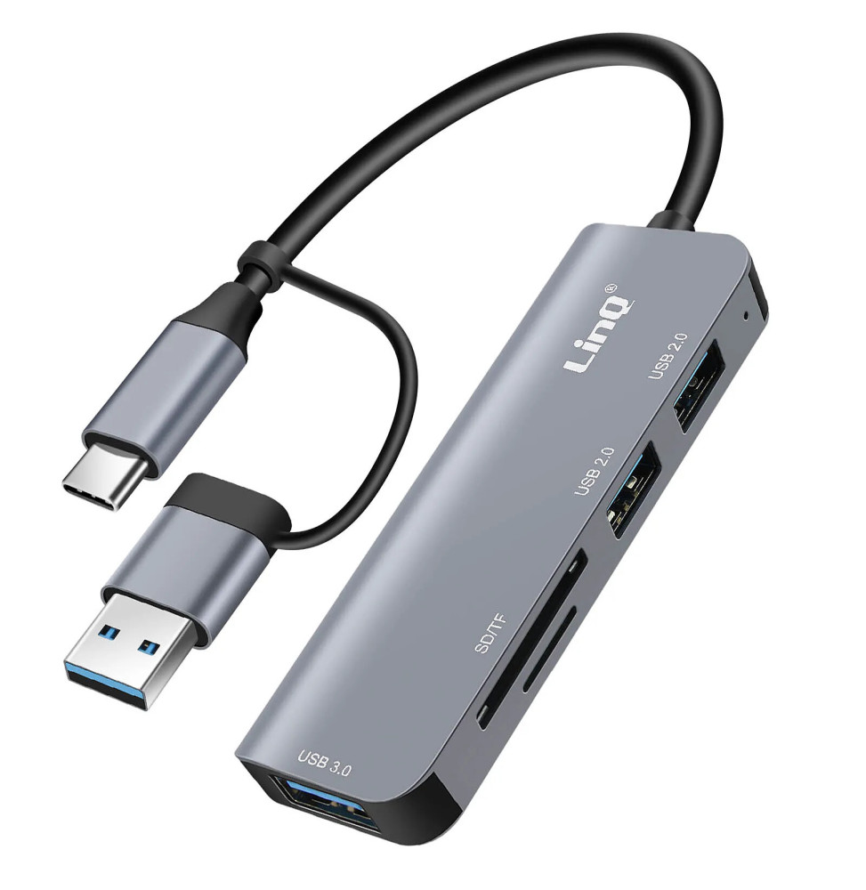 LinQ Hub USB C et USB avec USB 3.0 + 2x USB 2.0 Lecteur Cartes SD et TF Noir