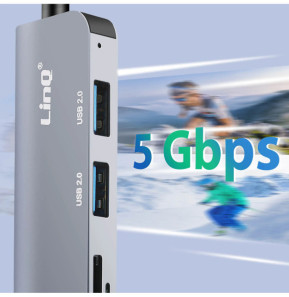 LinQ Hub USB C et USB avec USB 3.0 + 2x USB 2.0 Lecteur Cartes SD et TF Noir