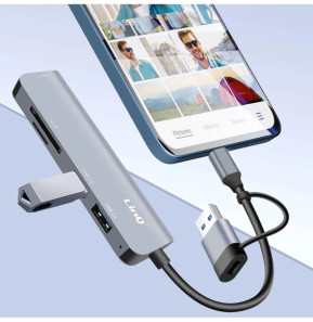 LinQ Hub USB C et USB avec USB 3.0 + 2x USB 2.0 Lecteur Cartes SD et TF Noir