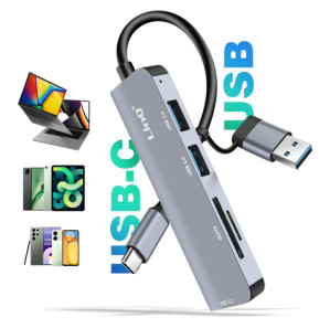 LinQ Hub USB C et USB avec USB 3.0 + 2x USB 2.0 Lecteur Cartes SD et TF Noir