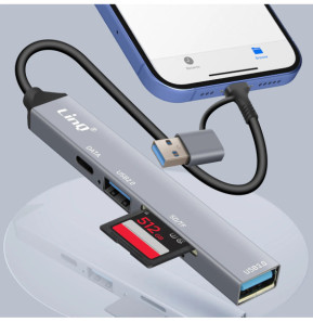 LinQ Hub USB C et USB avec USB-C + USB 2.0 + 3.0 Lecteur Cartes SD et TF Noir