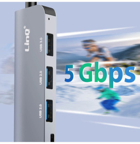 LinQ Hub USB Support OTG 5 Gbps Lecteur Carte SD / TF et Audio Jack 3.5mm Gris