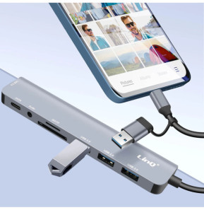 LinQ Hub USB Support OTG 5 Gbps Lecteur Carte SD / TF et Audio Jack 3.5mm Gris