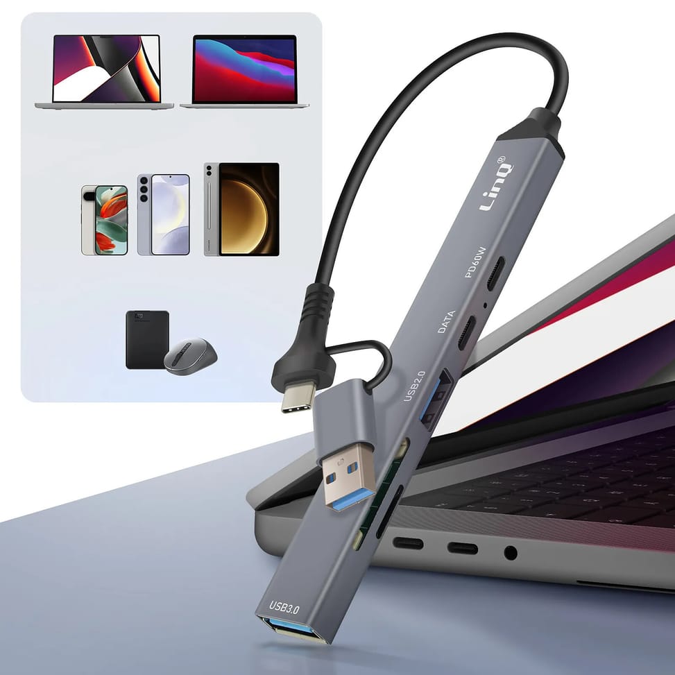 LinQ Hub USB Support OTG USB-C Power Delivery 60W et Lecteur Carte SD / TF Gris — image 4