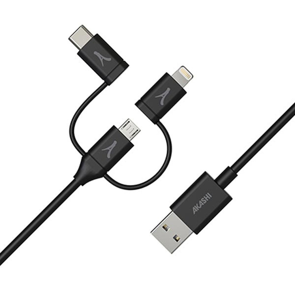 Akashi Câble Eco 3-en-1 USB-A vers USB-C / Lightning / micro USB (1 m)