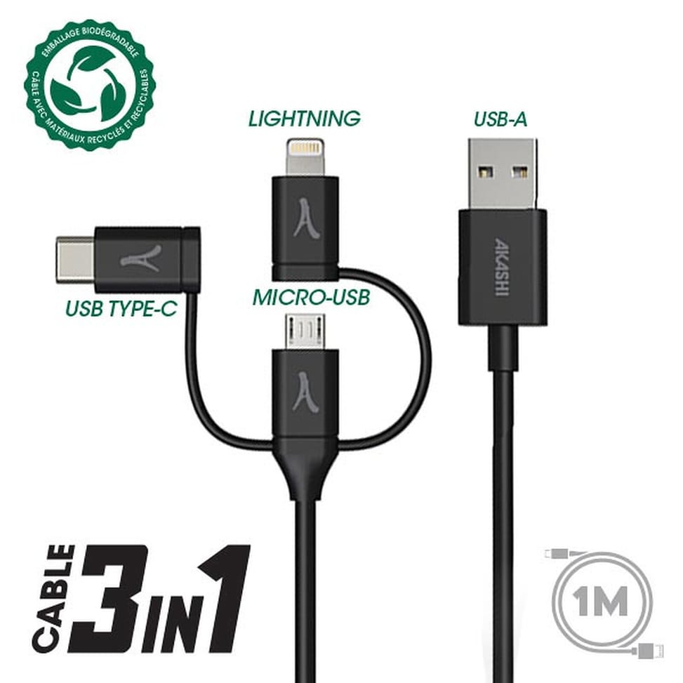 Akashi Câble Eco 3-en-1 USB-A vers USB-C / Lightning / micro USB (1 m) — image 2