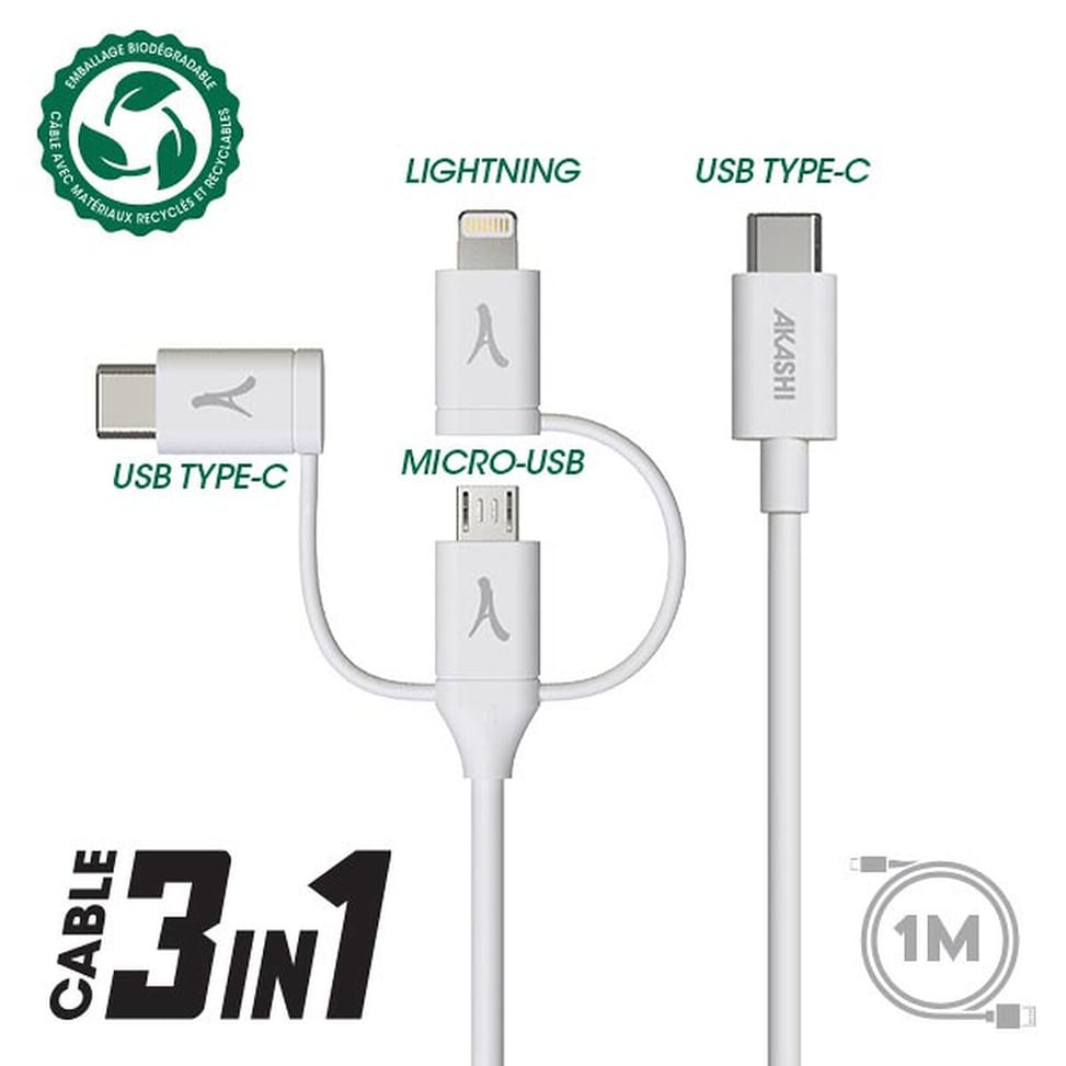 Akashi Câble Eco 3-en-1 USB-C vers USB-C / Lightning / micro USB (1 m) — image 2
