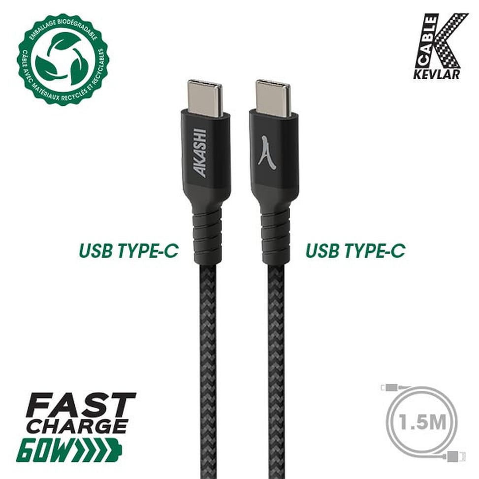 Akashi Câble Eco Kevlar USB-C vers USB-C Noir (1.5 m) — image 2