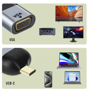 Avizar Adaptateur Vidéo USB-C Mâle vers VGA Femelle Résolution 1080p Compact Gris