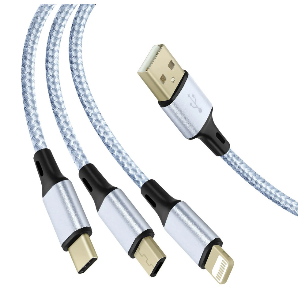 Avizar Câble 3 en 1 vers USB-C MicroUSB et Lightning Charge Rapide 1,2m Nylon Tressé