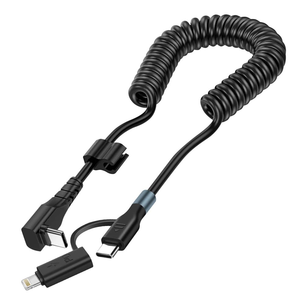 Avizar Câble spiralé USB-C vers USB-C + iPhone Lightning, Design coudé Noir 1,5m