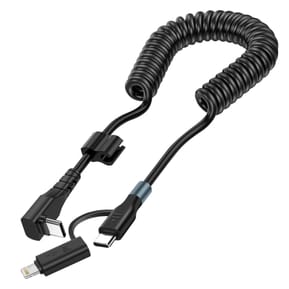 Avizar Câble spiralé USB-C vers USB-C + iPhone Lightning, Design coudé Noir 1,5m