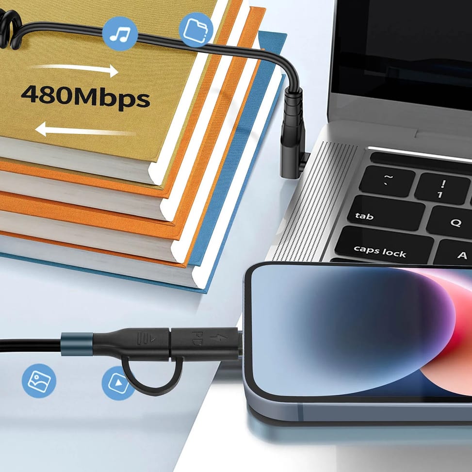 Avizar Câble spiralé USB-C vers USB-C + iPhone Lightning, Design coudé Noir 1,5m — image 5