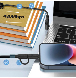 Avizar Câble spiralé USB-C vers USB-C + iPhone Lightning, Design coudé Noir 1,5m