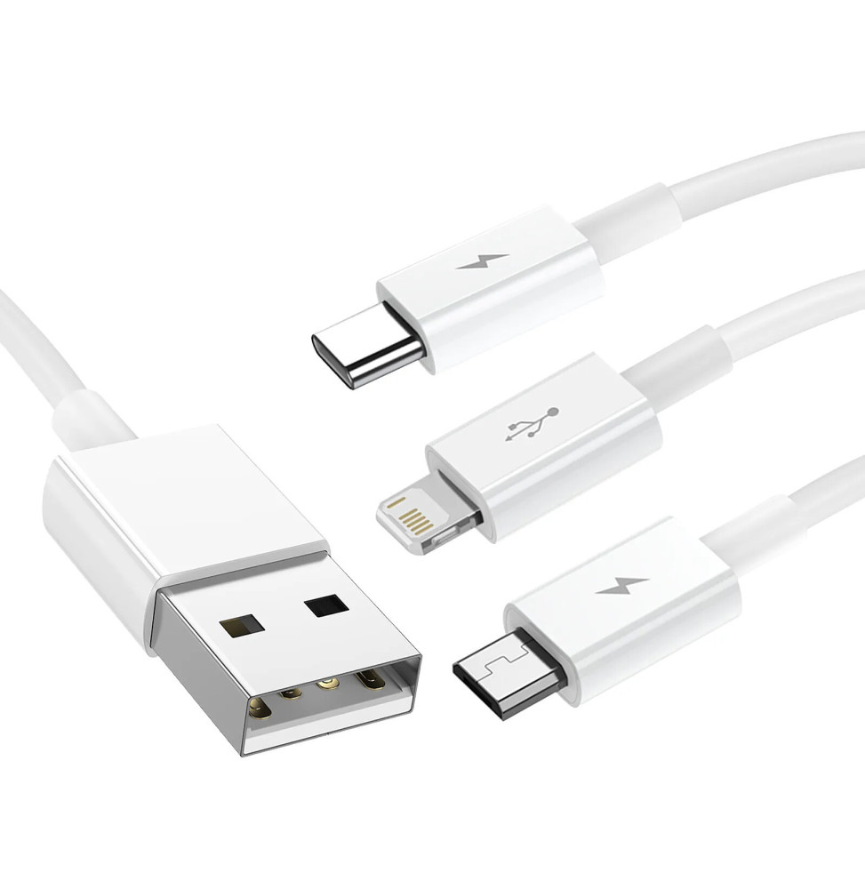 Baseus Cable 3 en 1 USB vers Lightning, USB-C et Micro USB 2.5A 15 mètres Blanc