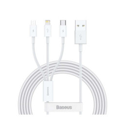 Baseus Cable 3 en 1 USB vers Lightning, USB-C et Micro USB 2.5A 15 mètres Blanc