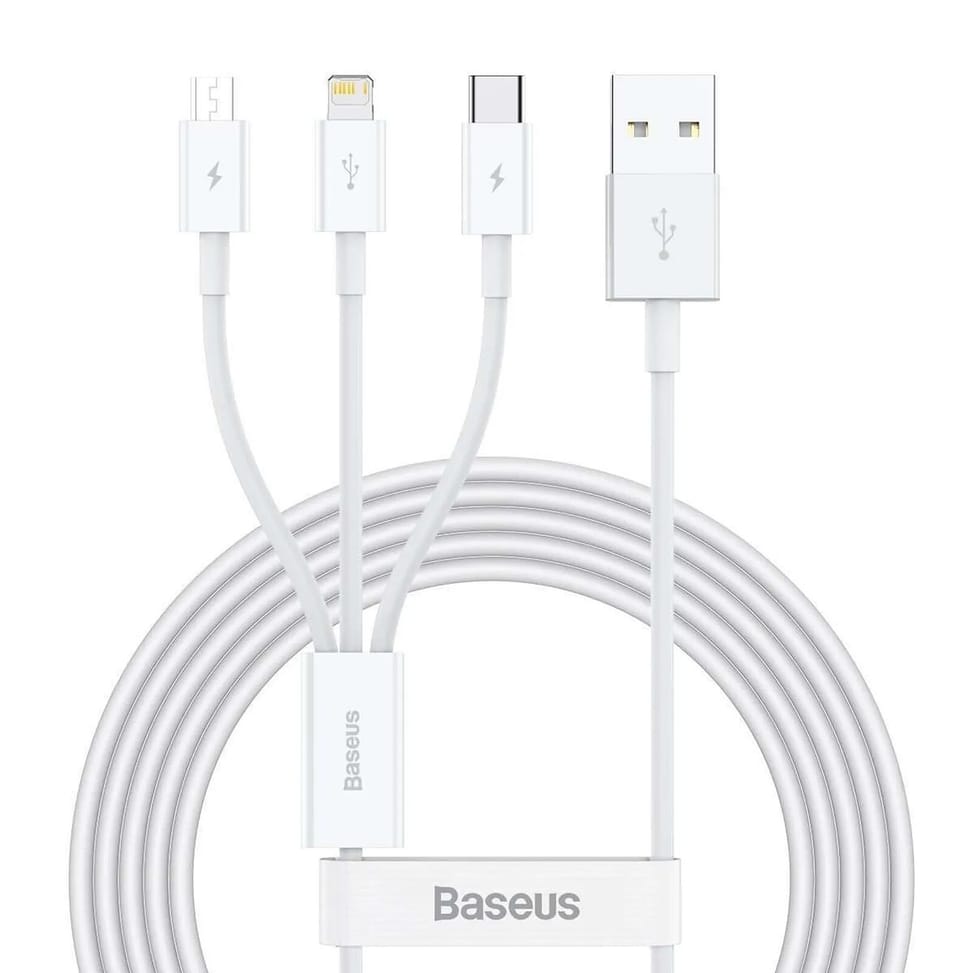 Baseus Cable 3 en 1 USB vers Lightning, USB-C et Micro USB 2.5A 15 mètres Blanc — image 2