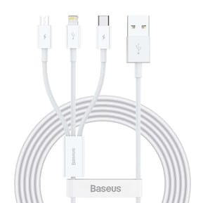 Baseus Cable 3 en 1 USB vers Lightning, USB-C et Micro USB 2.5A 15 mètres Blanc — image 2
